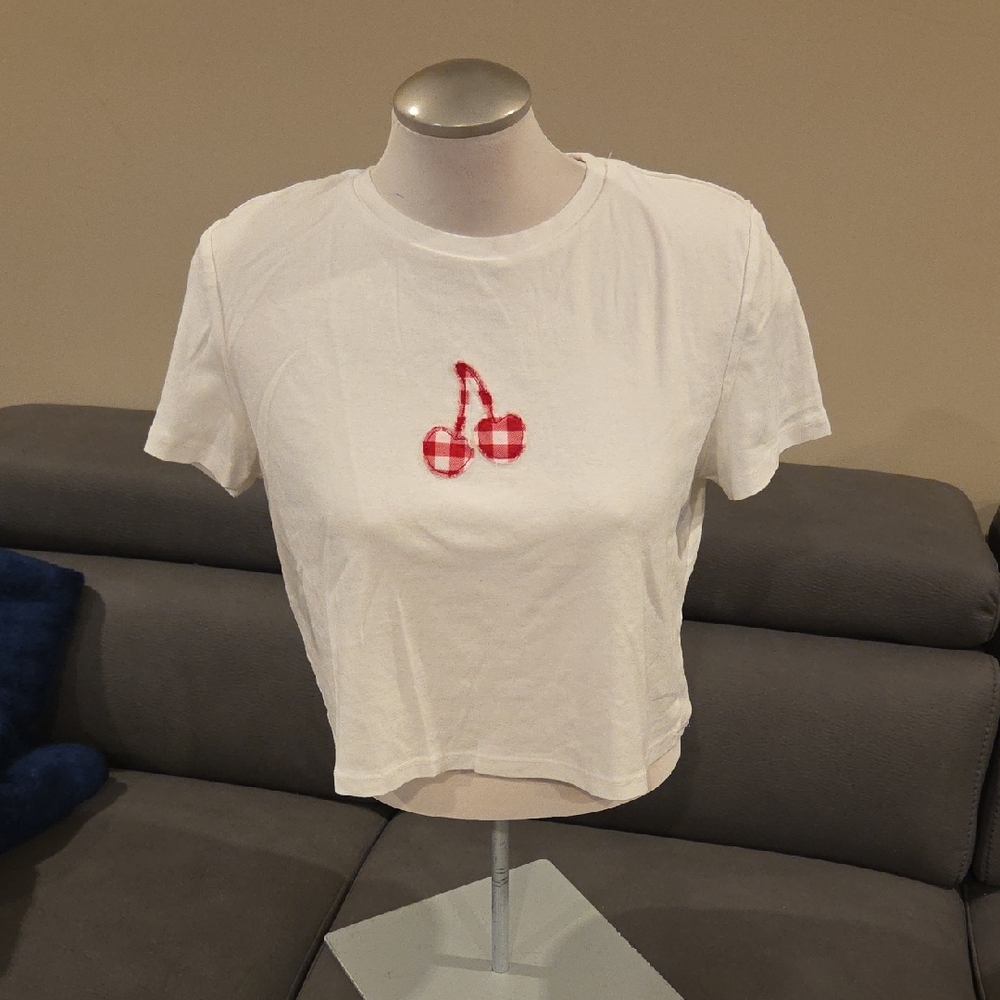 Primark White Tee with Red Cherry Embroidery